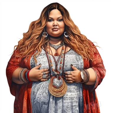 boho plus size woman, Indian American, modern, semi-realistic, spiritual, witchy, clipart, fantasy, white background, high quality, beautifully accurate illustrations