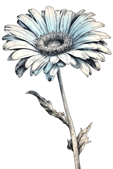 line drawing clipart of a single gerbera in black and white, coloured in