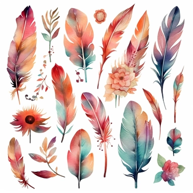 Craft a collection of boho-chic watercolor clipart (content) showcasing meticulously hand-painted floral and feather designs. The artistic medium should reflect the charm and elegance of watercolor paintings. Draw inspiration from renowned watercolor artists like Anna Bond and Flora Bowley, infusing the set with their signature styles. Utilize warm, natural lighting to enhance the organic feel of the designs, while employing a harmonious color palette reminiscent of earthy tones and pastel hues.