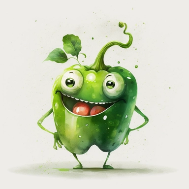 a cute green pepper man with watercolor effect, a smiling happy green pepper with eyes , mouth , arms and foots, suitable for digital clipart, cartoon style,white background, illustration art