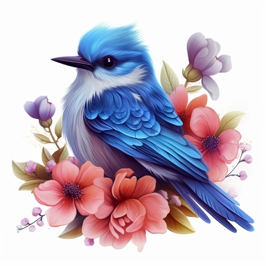hyper realistic,Cute Beautiful Fairy dark blueBird dark blue Flower Sublimation Clipart, Cartoon, hyper realistic, intricate detail, illustration style, high solution, on white background