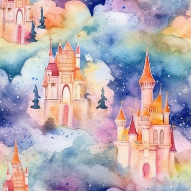 Seamless pattern, watercolor high quality, Fantasy castle clipart on galaxy background