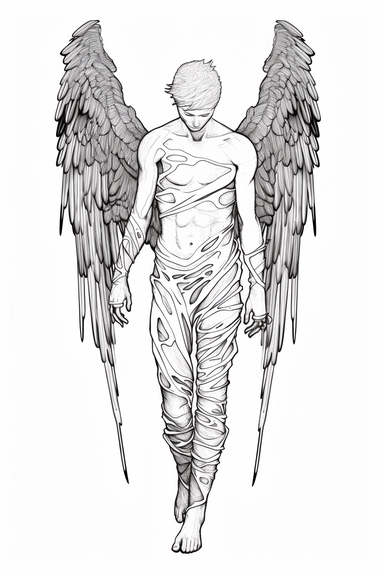 Fullbody college boy fallen angel, black wings, wearing an alien Gossamer bodysuit, full height, high face detail, malicious expression on his face, in the style of line drawings and clip art, black lines on white paper, 8k