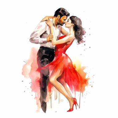 couple dancing kiss, latino dance cliparts, white background, watercolour,
