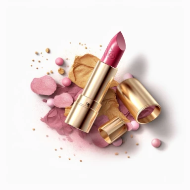 pink gold lipstick, nail polish, eye shadow, blush makeup, clipart style, to separated the products, procreate illustration, on white background, hyper-detailed, high resolution, illustration, 3D