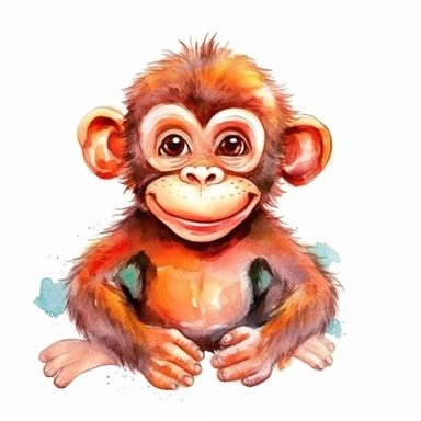 funny happy monkey illustration clipart, detailed, black outline, white background, 4k, watercolor, digital art