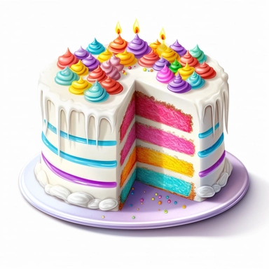 Create a high-quality clipart image of a classic vanilla birthday cake white background. Show a round cake with layers of fluffy vanilla sponge cake and smooth vanilla buttercream frosting. (--ar 1:1) Design a clipart image of a vibrant rainbow cake. Depi