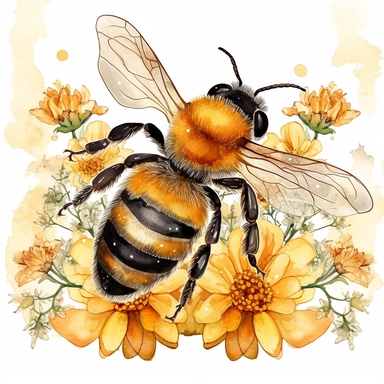 A charming watercolor honey bee clipart capturing the beauty of spring garden bees, delicate honey bee painted in warm tones of yellow and black, fuzzy body and translucent wings are depicted with intricate details, hovers near a cluster of blooming spring flowers, such as daisies, tulips, and lavender, which are painted in vibrant and harmonious colors, soft and dreamy atmosphere, each illustration focuses on the exquisite details of the honey bee, showcasing its unique beauty and importance in