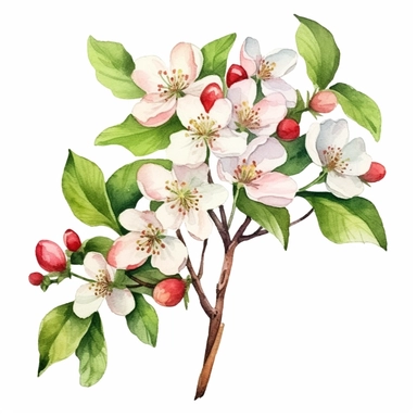 branch of apple tree with flowers and green leaves, watercolor clipart