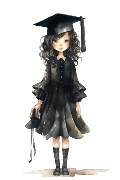 watercolor mixed media goth steampunk girl entire body in goth steampunk graduation dress illustration clipart by holly hobbie
