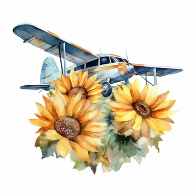 clip art ,airplane sunflowers watercolor , no background