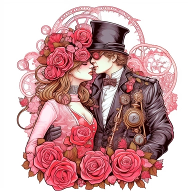 A romantic steampunk duo leaning in for a gentle kiss, both dressed in elaborate red and pink steampunk outfits, surrounded by the beauty of a vibrant steampunk rose. Ultra high quality, intricate detail, retro - futurism, pastel clipart, white background