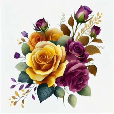 one bouquet arranged roses clipart ,the colors are Mustard Yellow and Deep Purple arranged clipart, watercolor, 8k, white blank background