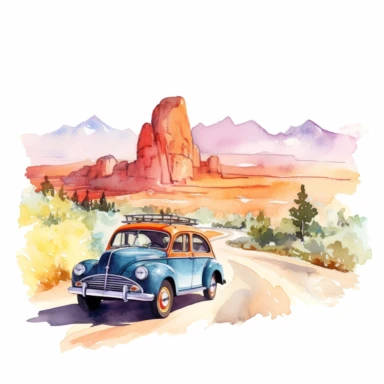road trip memories, vintage car parked at a scenic overlook, watercolor clipart, minimalist, bright colors, isolated white background, 8k