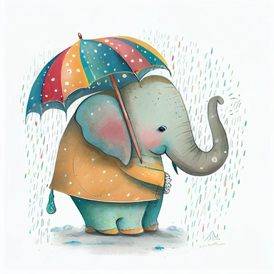 cute whimsical smiling elephant holding an umbrella in the rain, artistic and delicate children's book illustration, hand drawn doodle, clipart, pastel painting with vibrant warm colors, by Amanda Clark and eric carle, white background