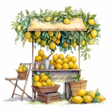 small lemonade stand under lemon tree, in the style of photo realistic and hyper-detailed watercolor, sketchfab, ahmed morsi, realistic watercolor, use of common materials, handcrafted designs, yellow clipart with white background