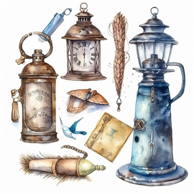 Watercolor illustrations: vintage lantern, lock and keys, watch and compass, feather pen, inkwell and chains. isolated. Hand drawn illustrations. Clip art