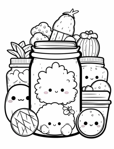 A kawaii illustration of a jar filled with an assortment of adorable cookies in different shapes and sizes For Simple Coloring page,line art, thick lines, black and white,clipart, illustration, on white background,margin Page 10px