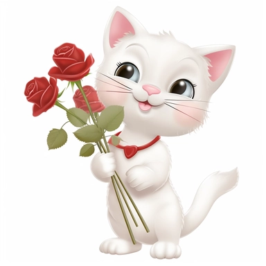 a white cute smily small cat with white background & different clolor roses in hand clipart 300 dpi