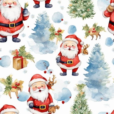 seamless, detailed watercolor, 1 christmas cute santa clipart, 5 fingers, hd, 4k, ultra quality, high quality,