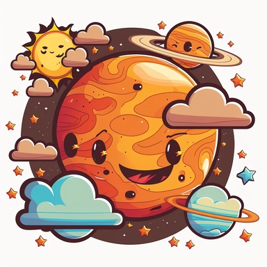 , hot and rocky planet with clouds and stars on a solar system drawing,cartoon,clipart style, vector style,comic
