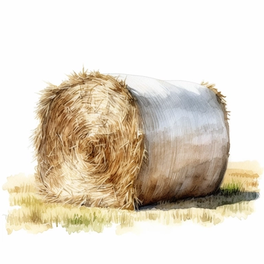 side view realistic watercolor drawing of a bale of hay in a cotton field, on a white background where the background will be removed to repurpose as a clipart.