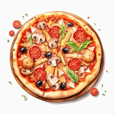 Pizza Capricciosa: Tomato sauce, mozzarella, artichokes, mushrooms, olives, and prosciutto, watercolor clipart illustration, flat blank transparent background, food photography, soft cinematic lights, juicy, bright, high quality, ultra detailed, 32k