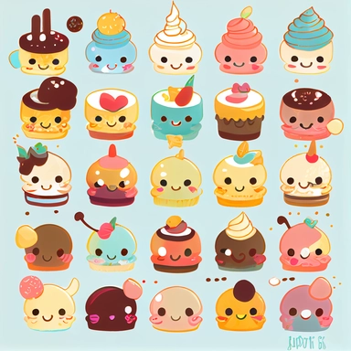 beautiful tiny happy face kawaii desserts, clipart collection, no background, many tiny