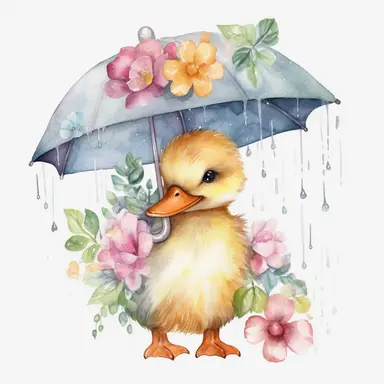 Watercolor FLORAL DUCKING IN RAIN CARRYING AN UMBRELLA clipart, Cute baby animal clipart, WATERCOLOR ART, CUTE BABY DUCKING, ONE DUCK IN ONE IMAGE, HIGH QUALITY
