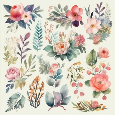 Design a set of watercolor-style digital cliparts specifically for wedding and event decorations. The cliparts should include elements such as flowers, garlands, wreaths, ribbons, and romantic symbols like hearts and doves. Consider various color palettes and styles to cater to both traditional and modern weddings and events. The cliparts should be versatile and suitable for use in invitations, save-the-date cards, menu cards, table cards, seating charts, and other decorative elements