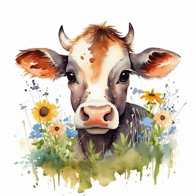 Innocent adorable baby cow with big cute eyes, in grass and wildflowers, boho style, so sweet and cute, so so so cute, freaking adorable, isolated on white background, watercolor clip art, hard edges, smooth, cartoon