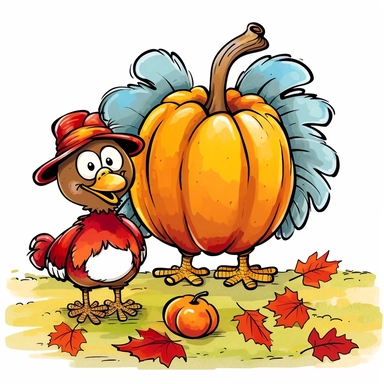 fall funny turkey and pumpkin cartoon in vivid colors clipart on a white background , in the style of rural america, high resolution, sarah purser, rural life scenes, large canvases, illustration, celebration of rural life , no watermark, text, words, paintbrush, 300 DPI, the images do not stick together, no text in the picture