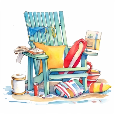 colorful watercolor pool chair clipart, in the style of whimsical cartoon-style, various goods, fun, summer equipments, jcore, playful, youthful images, iso 200, manapunk, primary colors, white background