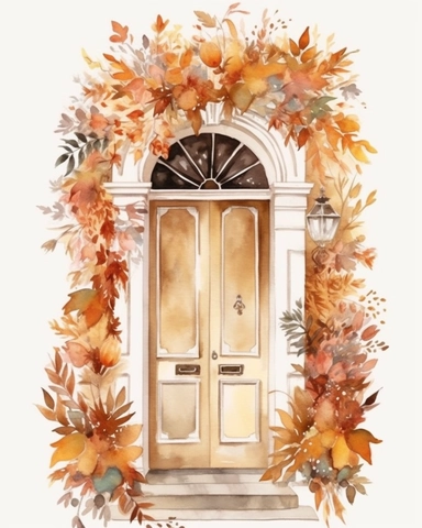 White front door, big wreath, autumn leaves, beige color, watercolor, clipart, white background