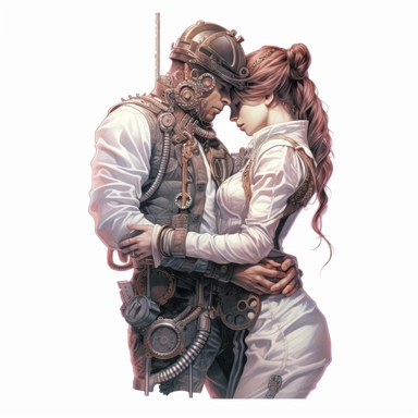 A steampunk couple sharing a tender moment, their hands intertwined and gazes filled with affection. Ultra high quality, intricate detail, retro - futurism, pastel clipart, white background