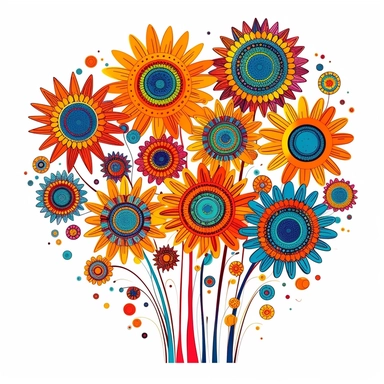 whimsical disco sunflowers clipart, hand drawn art isolated on white background