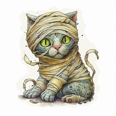 cute mummy cat halloween, Watercolor style, Clipart,highly detailed on white background