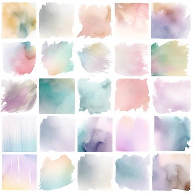20 abstract watercolor background vector clipart, in different light pastel colors, diffused into one another, hazy romanticism, free brushwork