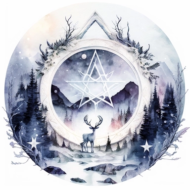 watercolor white background, no text, high resolution, in the center of a circular frame,a snow-covered wonderland with a stunning pentagram clipart set against a backdrop of icy mountains and frosted pine trees. In this magical winter landscape, graceful ice nymphs and snow sprites roam, casting spells of enchantment.