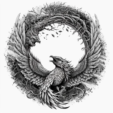 phoenix ouroboros, black and white, illustration, clipart style