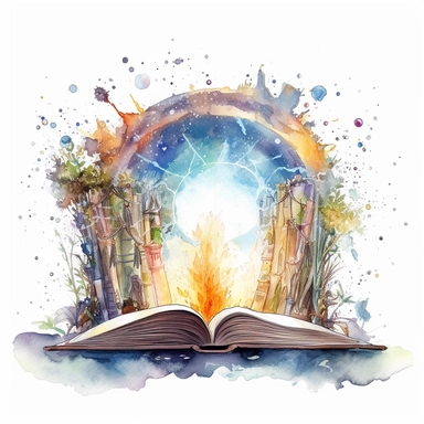 an ancient fantasy book, opened and laying on it's back, with portal leading to a magical world growing out of it， in style of watercolor clipart