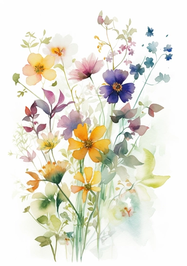 a watercolour of floral flourishes made out of very delicate summer wildflowers on white background for clipart, 8k