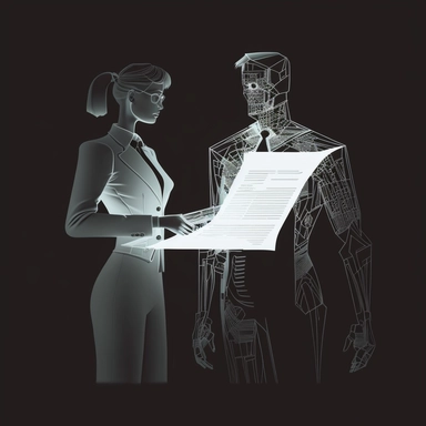 clipart of two people facing each other with a document being electronically transfered from one to the other, the clipart is grey, dark background, futuristic style