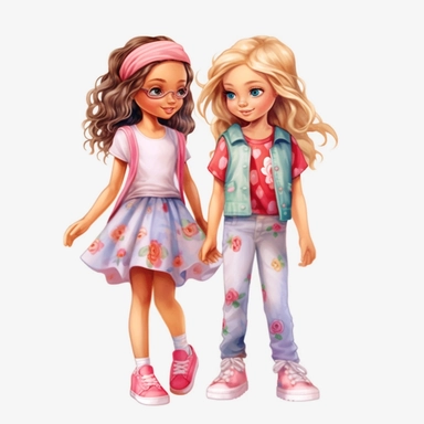 little girl best friend fashion illustration clipart, png file, hyper realistic, transparent background,high detail, 8k