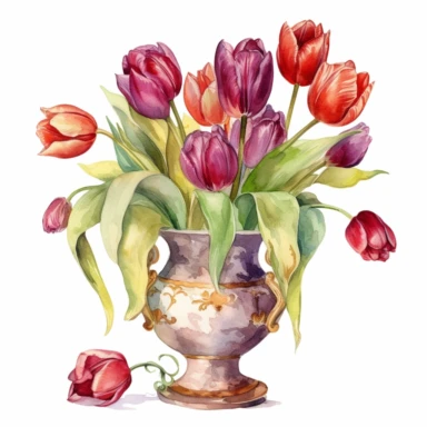 Create a watercolor clipart scene of tulips arranged in a classic vase, incorporating the Michelangelo-inspired Watercolor Haven style on a white background. Focus on the tulips' rich colors and intricate details, ideal for enhancing invitations, greeting cards, or other creative projects.