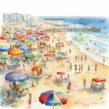 watercolor colorful clipart of a bustling beach scene, hd, on white background