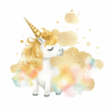 one gold glitter unicorn clipart with a rainbow an fluffy gold clouds,, white background