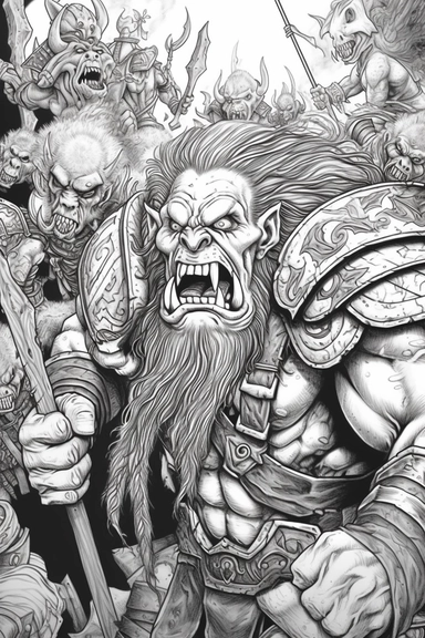 realistic style, bold black lines, fantasy dwarf armies in combat with orcs using axes and hammers hitting themed colouring page, bold black lines, clipart, digital art, colouring page for adults