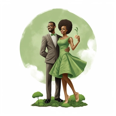 an african american couple wedding, posing in green , female long brains, in the style cartoon realism, bulbous clip art