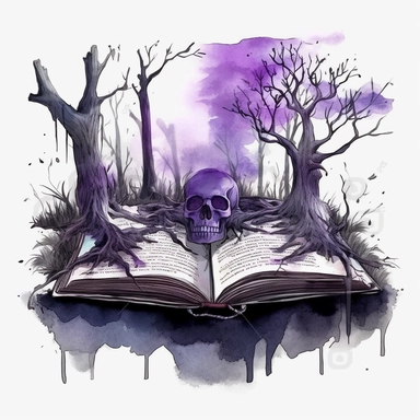 very detailed, hyper realistic, fantasy book watercolor clipart, single open book, dark purple dominant, scary dark forest and dead trees coming out of the book, mysterious theme, white background